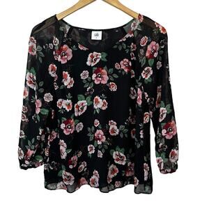 Cabi Sheer Floral‎ Top V Neck 3/4 Sleeve Pullover Black Pink Green Boho Coquette